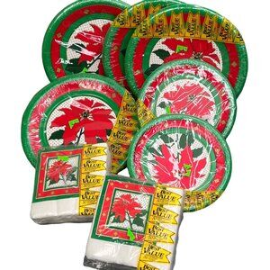 Vintage Christmas Plates Napkin Party Lot 230 pc Poinsettia Coated Red Green NIP